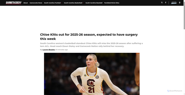 Security scan screenshot of https://garnetandcocky.com/chloe-kitts-torn-acl-out-2025-26-south-carolina-womens-basketball