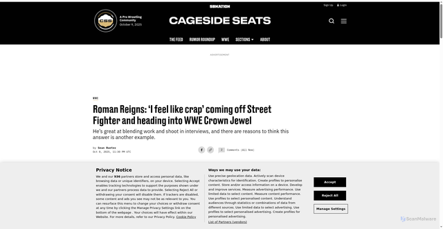 Security scan screenshot of https://www.cagesideseats.com/wwe/388299/roman-reigns-interview-feels-like-crap-street-fighter-wwe-crown-jewel
