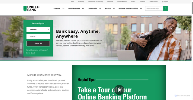 Security scan screenshot of https://www.bankwithunited.com/online-banking.html