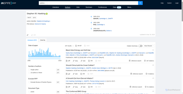 Security scan screenshot of https://inspirehep.net/authors/1006450