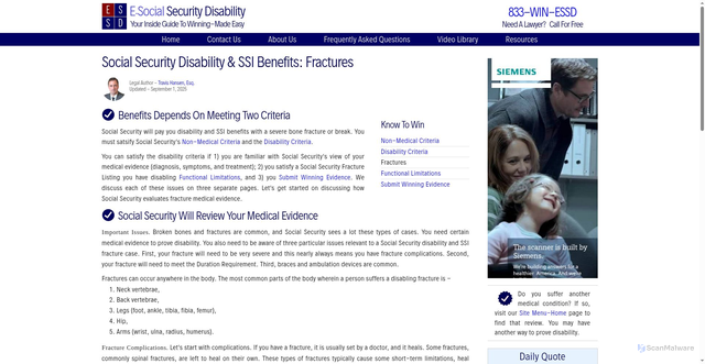 Security scan screenshot of https://socialsecuritydisability.lawyertestsite.com/fractures-social-security-disability-benefits.html
