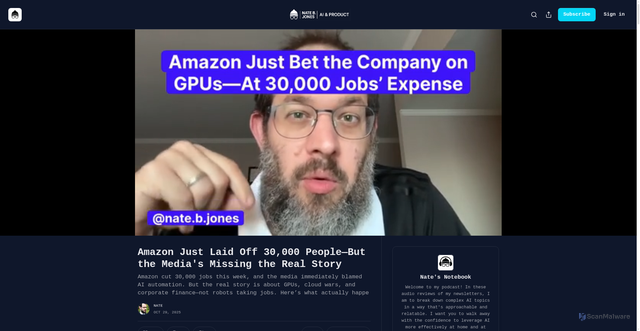 Security scan screenshot of https://natesnewsletter.substack.com/p/amazon-just-laid-off-30000-peoplebut