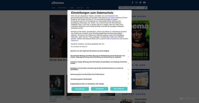 Security scan screenshot of https://cinema.de