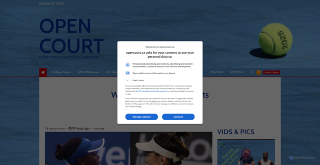 Security scan screenshot of https://opencourt.ca/2025/10/20/wta-tour-tuesday-oct-21-2025-order-of-play/