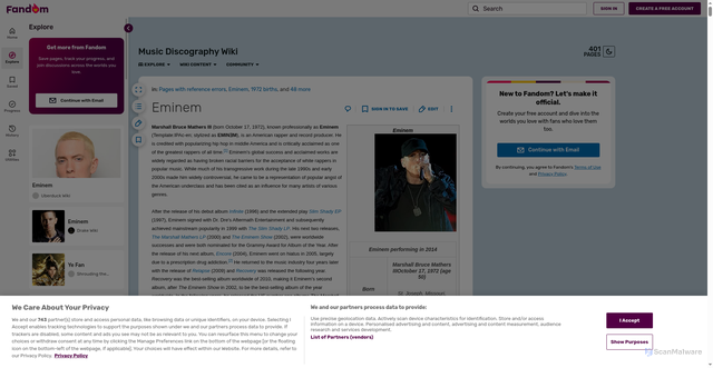 Security scan screenshot of https://musicdiscography.fandom.com/wiki/Eminem