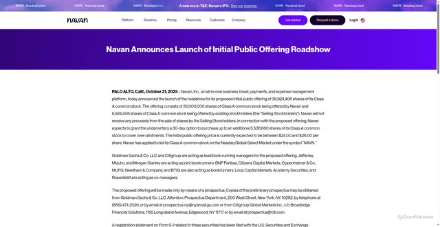 Security scan screenshot of https://navan.com/about/press/navan-announces-ipo-roadshow-launch