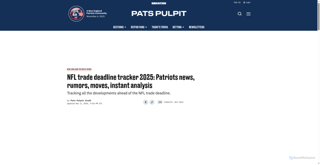 Security scan screenshot of https://www.patspulpit.com/new-england-patriots-news/112729/nfl-trade-deadline-2025-rumors-tracker-analysis