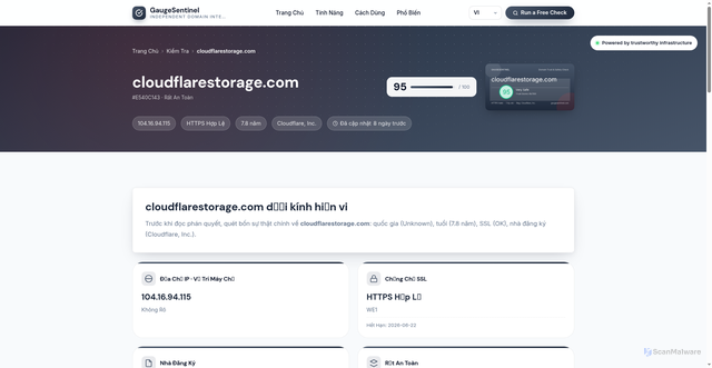 Security scan screenshot of https://gaugesentinel.com/vi/xac-minh/cloudflarestorage-com