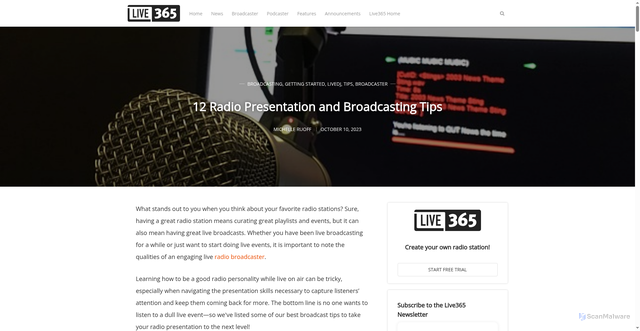 Security scan screenshot of https://live365.com/blog/top-10-tips-for-being-a-great-live-radio-broadcaster/