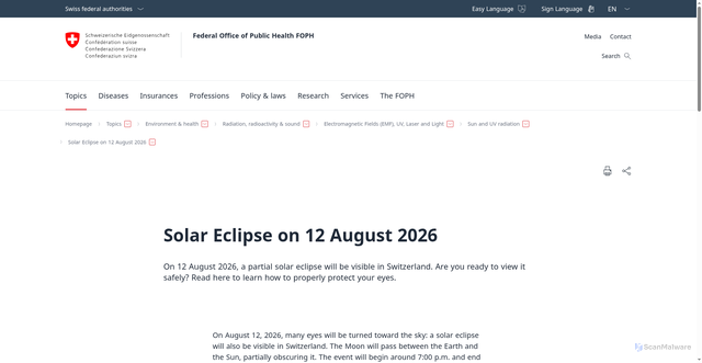 Security scan screenshot of https://www.bag.admin.ch/en/solar-eclipse-12-08-2026