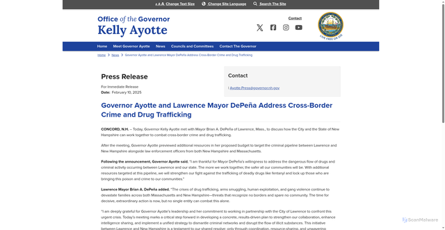 Security scan screenshot of https://www.governor.nh.gov/news/governor-ayotte-and-lawrence-mayor-depena-address-cross-border-crime-and-drug-trafficking