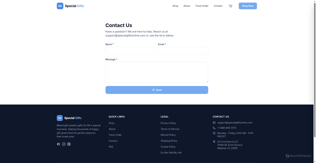 Security scan screenshot of https://specialgiftsonline-ecommerce.pages.dev/contact/
