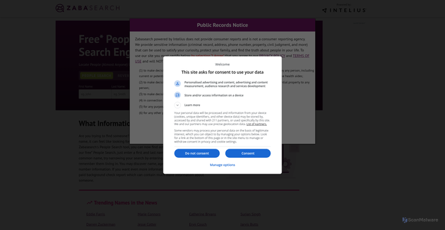 Security scan screenshot of https://zabasearch.com