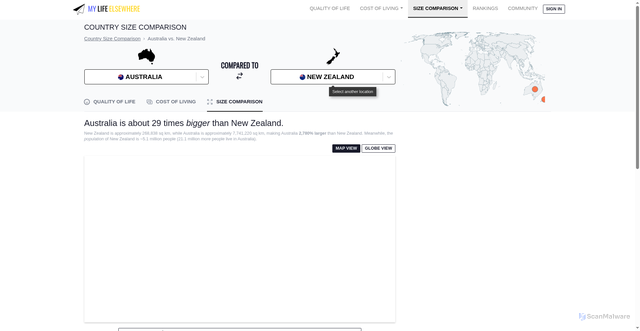 Security scan screenshot of https://www.mylifeelsewhere.com/country-size-comparison/australia/new-zealand