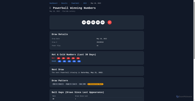 Security scan screenshot of https://www.drawanalytics.com/florida/results/powerball/2022-05-18