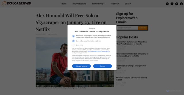 Security scan screenshot of https://explorersweb.com/alex-honnold-will-free-solo-a-skyscraper-on-january-23-live-on-netflix/