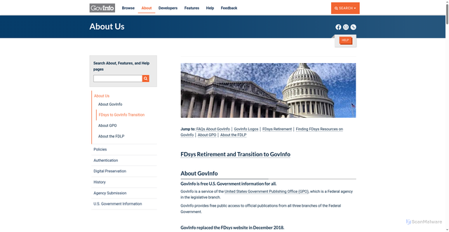 Security scan screenshot of https://www.govinfo.gov/about#fdsys-transition