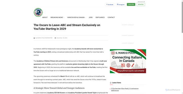 Security scan screenshot of https://ilmarcopolo.ca/the-oscars-to-leave-abc-and-stream-exclusively-on-youtube-starting-in-2029/