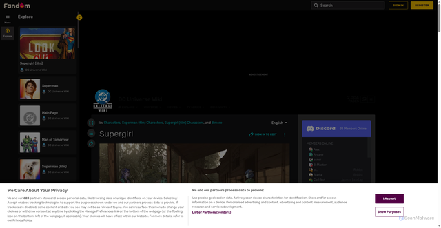 Security scan screenshot of https://dcuniverse.fandom.com/wiki/Supergirl