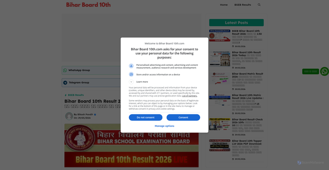 Security scan screenshot of https://biharboard10th.com/bihar-board-10th-result-2026-official-website/