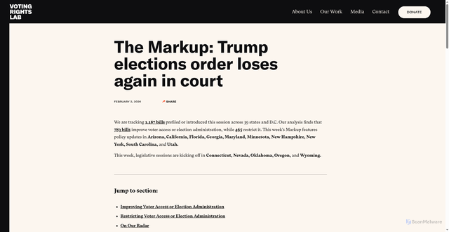 Security scan screenshot of https://votingrightslab.org/2026/02/02/the-markup-trump-elections-order-loses-again-in-court/