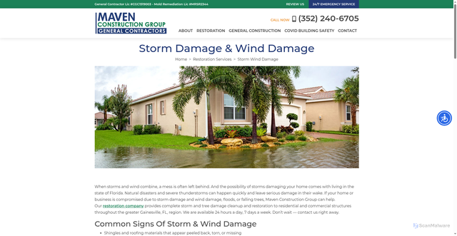 Security scan screenshot of https://www.mavenrestoration.com/storm-wind-damage/