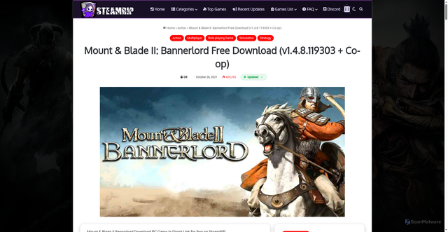 Security scan screenshot of https://steamrip.com/mount-blade-ii-bannerlord-free-download-1r/