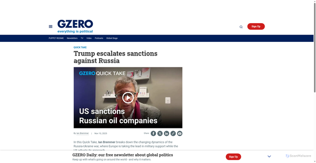 Security scan screenshot of https://www.gzeromedia.com/video/quick-take/trump-escalates-sanctions-against-russia