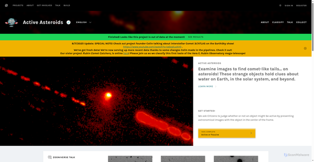 Security scan screenshot of https://www.zooniverse.org/projects/orionnau/active-asteroids