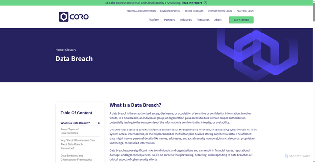 Security scan screenshot of https://www.coro.net/glossary/data-breach