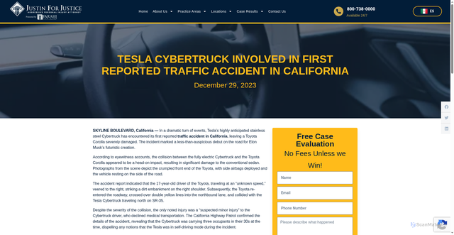 Security scan screenshot of https://justinforjustice.com/tesla-cybertruck-involved-in-first-reported-traffic-accident-in-california/