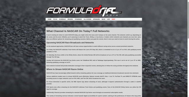 Security scan screenshot of https://formuladriftasia.com/what-channel-is-nascar-on-today-full-networks