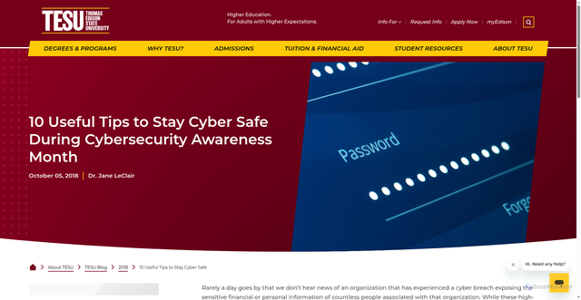 Security scan screenshot of https://www.tesu.edu/about/blog/2018/useful-tips-to-stay-cyber-safe.php