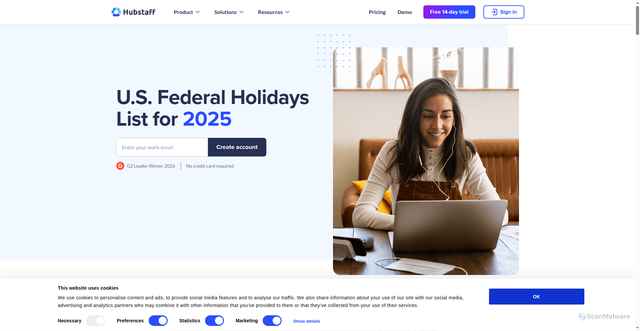 Security scan screenshot of https://hubstaff.com/workforce-management/federal-holidays