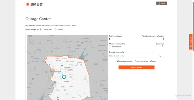 Security scan screenshot of https://myaccount.smud.org/manage/outage