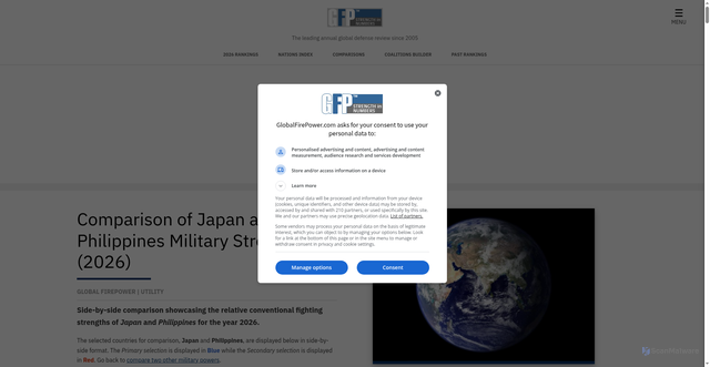 Security scan screenshot of https://www.globalfirepower.com/countries-comparison-detail.php?form=form&country1=Japan&country2=Philippines&Submit=Compare+Countries