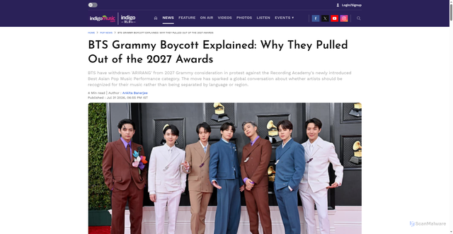 Security scan screenshot of https://www.indigomusic.com/pop-cultures/whats-up-pop-news/bts-grammy-boycott-explained-why-they-pulled-out-of-the-2027-awards-articleshow-pdf233s