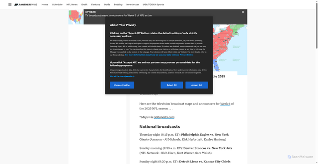 Security scan screenshot of https://pantherswire.usatoday.com/story/sports/nfl/panthers/2025/10/08/tv-broadcast-maps-announcers-week-6-nfl/86583196007/