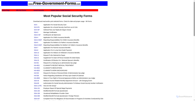 Security scan screenshot of https://free-government-forms.com/social_security_forms.html