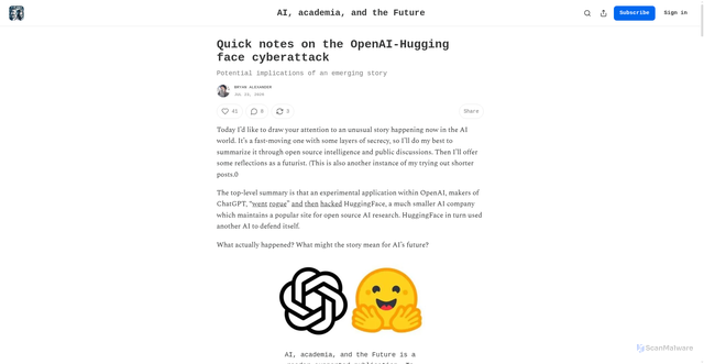 Security scan screenshot of https://aiandacademia.substack.com/p/quick-notes-on-the-openai-hugging