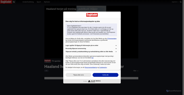 Security scan screenshot of https://www.dagbladet.no/video/haaland-herjet-pa-trening-publikum-maper/RxyAVTGv