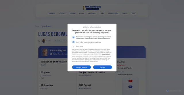 Security scan screenshot of https://fwcmania.com/player/lucas-bergvall/