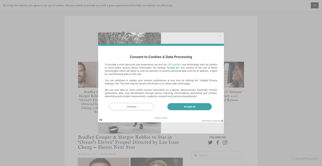 Security scan screenshot of https://www.worldofreel.com/blog/2025/10/9/bradley-cooper-margot-robbie-to-star-in-oceans-eleven-prequel-directed-by-lee-isaac-chung-shoots-next-year