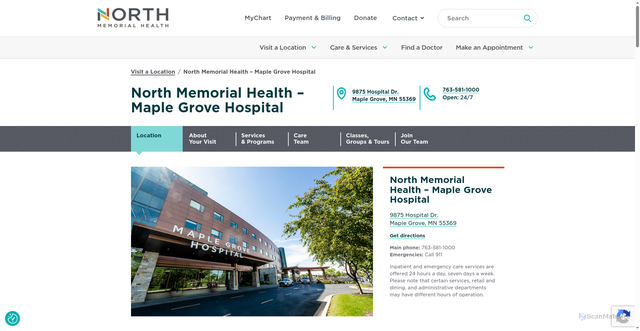 Security scan screenshot of https://northmemorial.com/location/maple-grove-hospital/