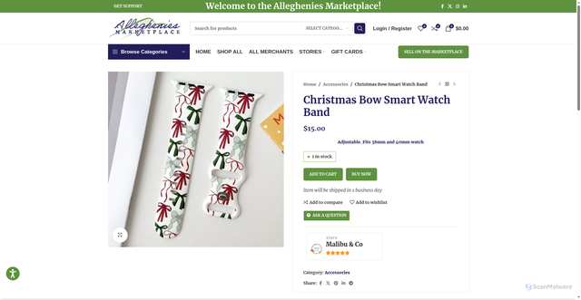 Security scan screenshot of https://allegheniesmarketplace.com/product/christmas-bow-smart-watch-band/