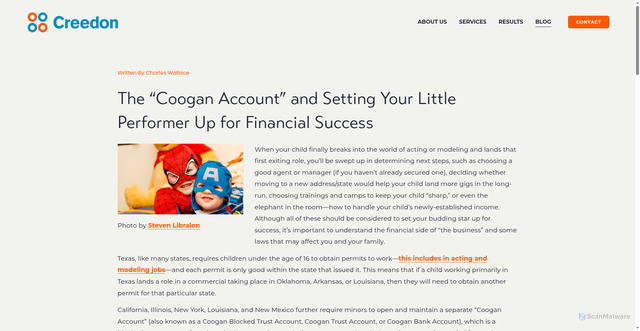 Security scan screenshot of https://www.creedon.com/blog/2021/9/24/the-coogan-account-and-setting-your-little-performer-up-for-financial-success