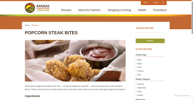 Security scan screenshot of https://kansasfarmfoodconnection.org/recipes/popcorn-steak-bites