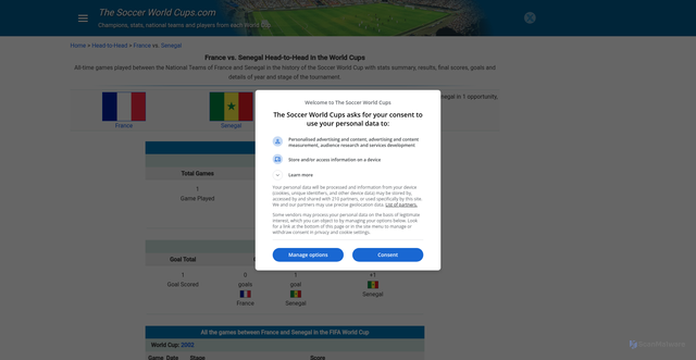 Security scan screenshot of https://www.thesoccerworldcups.com/head_to_head/france_vs_senegal.php
