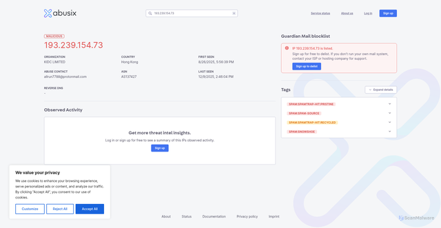 Security scan screenshot of https://app.abusix.com/lookup/results?q=193.239.154.73