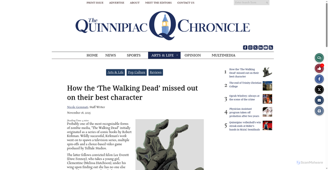 Security scan screenshot of https://quchronicle.com/91431/arts-and-life/how-the-the-walking-dead-missed-out-on-their-best-character/